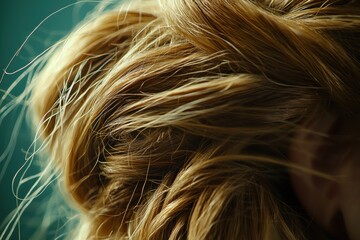 Naklejka premium A close-up view of blonde hair styled in an intricate updo, showcasing texture and highlights with a blurred teal background, emphasizing natural beauty.