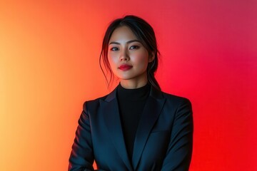 confident asian businesswoman in tailored suit striking professional pose against gradient backdrop, radiating leadership and determination in corporate portrait