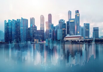 Fototapeta premium Skyline of Modern Singapore City with Reflections on Water in a Soft Blue Color Palette Under a Cloudy Sky, Showcasing Urban Architecture and Vibrant City Life