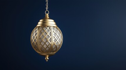 Elegant gold lantern with lattice pattern on dark blue background