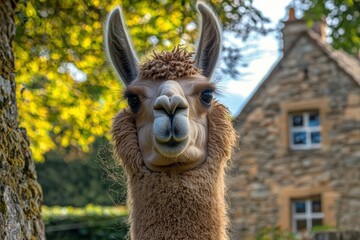 Obraz premium A charming close-up portrait of a friendly llama with a curious expression, set against a picturesque background with vibrant foliage and a historic stone building.