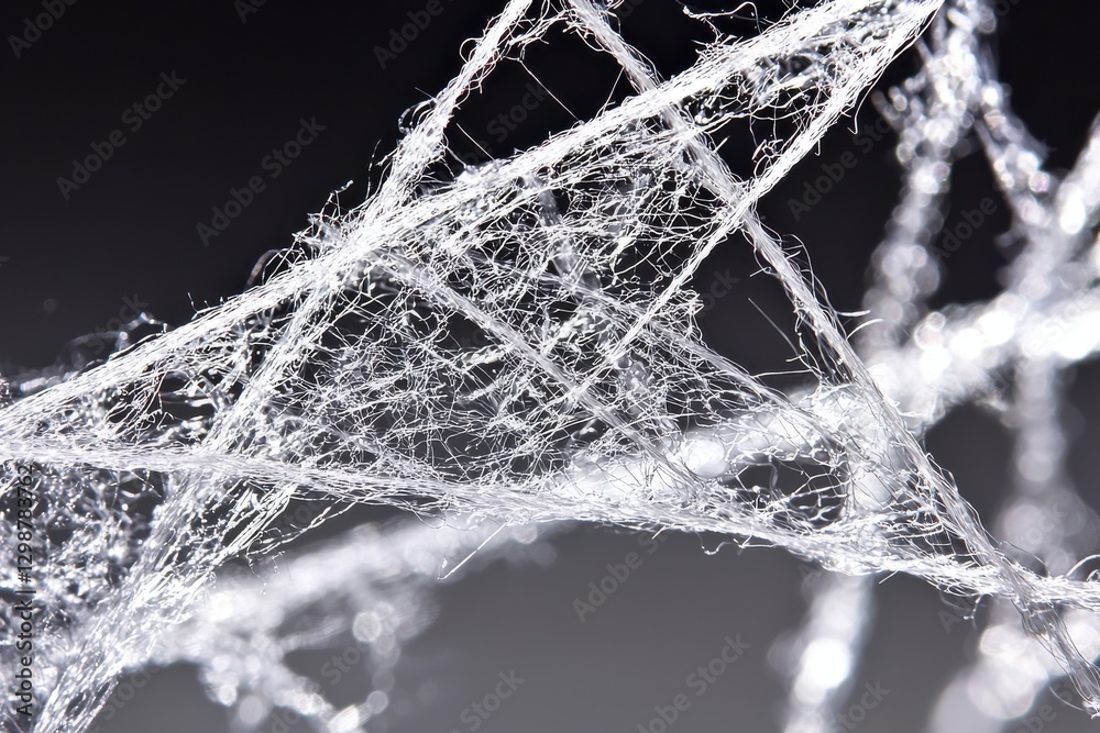 Poster abstract close-up of a delicate, ethereal web of white fibers against a dark backdrop, showcasing in