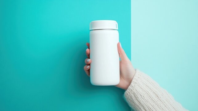 Hand holding white travel mug on teal background