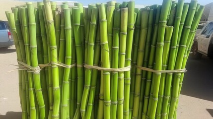 Fototapeta premium Fresh bundles of green sugar cane stalks tied together in outdoor market display