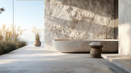 Serene Outdoor Minimalist Bathroom Design Featuring Stone Tub