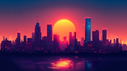 Fototapeta premium Vibrant sunset over a futuristic city skyline with reflections in the water.