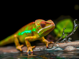 Naklejka premium A small green chameleon, a tropical reptile, rests on a leaf
