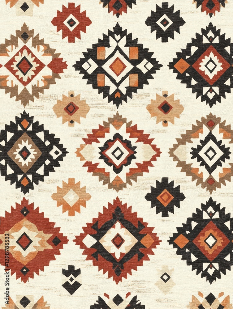 Poster colorful geometric pattern featuring tribal designs in warm tones with contrasting black elements. g