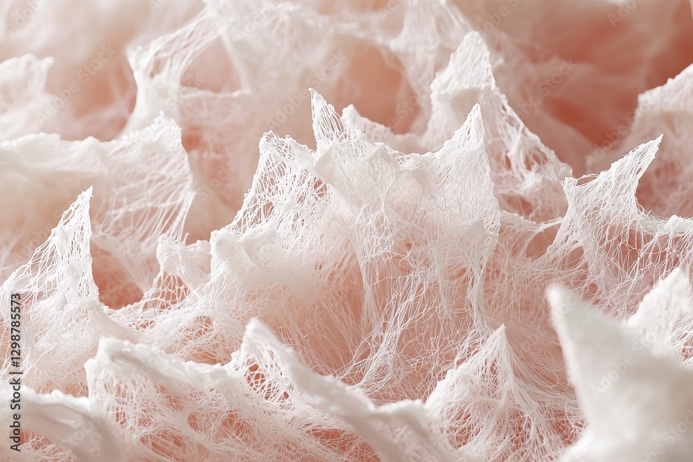 Poster abstract macro of delicate white lace-like structures against a soft pink backdrop, creating a textu