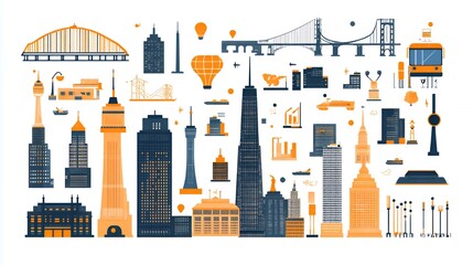 Obraz premium Colorful city skyline illustration featuring iconic buildings and landmarks.