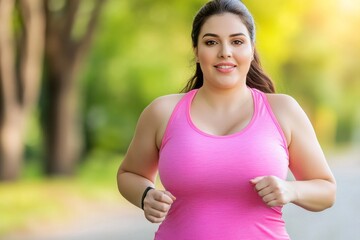 Fototapeta premium A fit woman jogging in a park during sunrise, wearing athletic wear