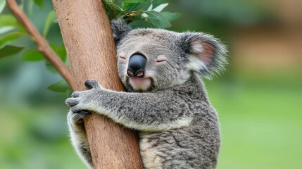 Fototapeta premium Adorable Koala Clinging to Tree in Natural Habitat with Relaxed Expression