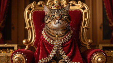 Regal cat wearing crown and royal robe, sitting on throne surrounded by gold
