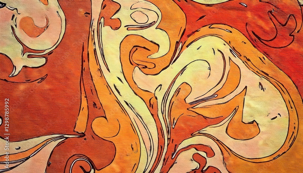 Poster abstract fiery swirl with bold black strokes, dynamic orange and red fluid motion, expressive digita