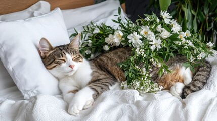 Cat Resting on Bed Covered with Fresh Flowers in Cozy Indoor Setting