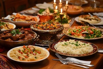 Fototapeta premium Traditional Festive Dinner Table with Diverse Culinary Varieties