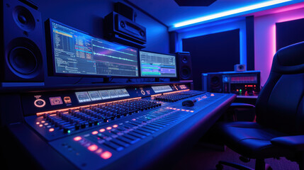 modern music studio with digital audio workstations and mixing console, featuring vibrant LED lighting and professional audio equipment