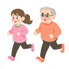 Fototapeta premium A cheerful illustration of a young girl and an elderly man jogging together, promoting fitness and companionship.