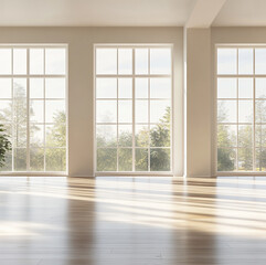 Obraz premium empty, spacious living room with large windows allowing soft natural light to fill the space. The room features neutral-colored walls and wooden floors, with no furniture or decorations,open layout. 