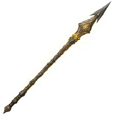 A battle-worn cosmic spear, still crackling with electricity, isolated on a white background.