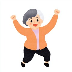 A joyful elderly woman in a bright orange jacket celebrates with raised arms, embodying happiness and vitality.