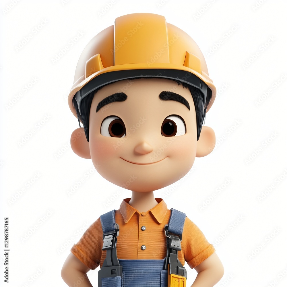 Poster cartoon character in safety hard hat representing construction worker in a whimsical and playful sty