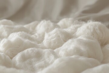 A close-up view of soft, fluffy white cotton, creating a gentle and calming effect with its subtle textures and delicate details in a macro photography shot.