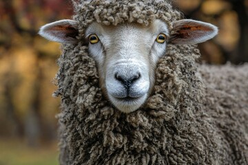 Captivating close-up of a sheep's face, highlighting its golden eyes and dense, curly wool against a warm, blurred background, showcasing rural beauty and animal portraiture.