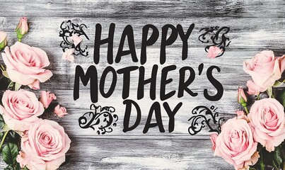 A heartfelt Mother's Day message surrounded by delicate pink roses on rustic wood, a loving tribute with a soft, vintage feel.