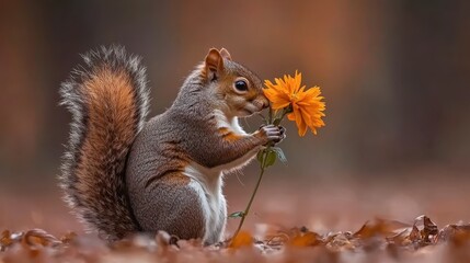 Fototapeta premium Squirrel Holding Bright Flower in Autumn Forest with Colorful Leaves