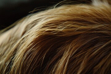 Naklejka premium A detailed close-up reveals the texture of a golden brown animal's fur against a dark backdrop, showcasing its soft and shiny characteristics.