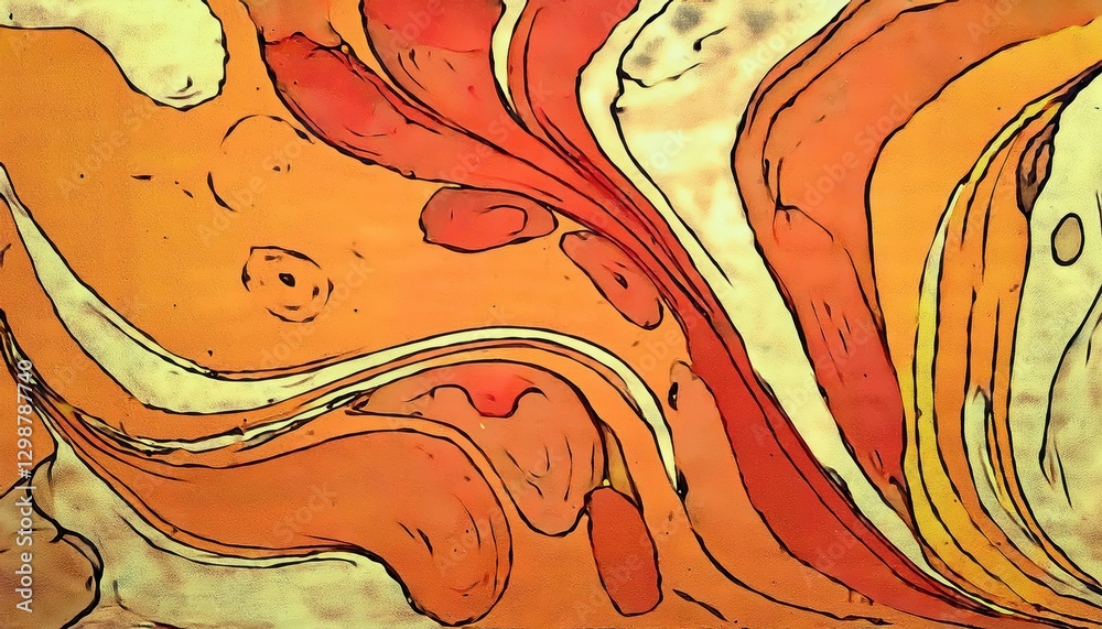 Poster abstract fiery swirl with bold black strokes, dynamic orange and red fluid motion, expressive digita