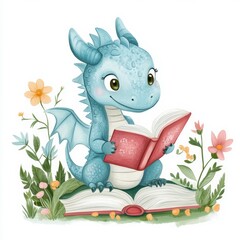 Cute blue dragon reading a book surrounded by colorful flowers in a whimsical setting