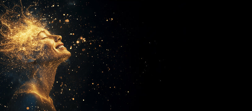 Happiness banner concept. Happiness header. Cosmic happiness. Happy woman smiling. Happy life. Happy twinkling stars. Happy energy.