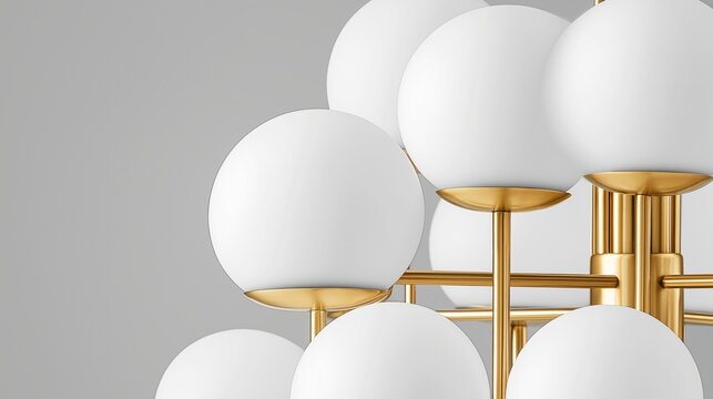 Modern gold and white orb chandelier pendant lighting against gray background