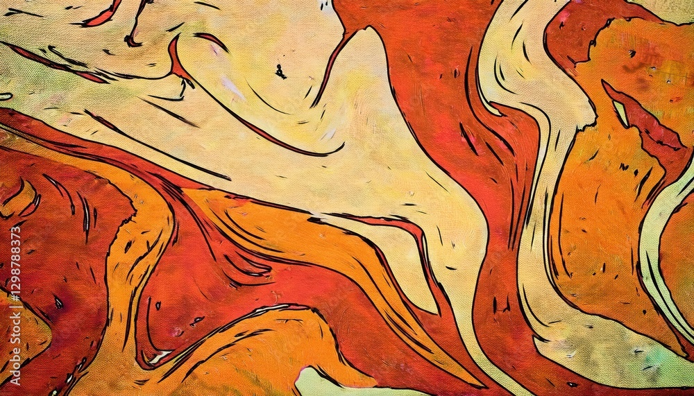Poster abstract fiery swirl with bold black strokes, dynamic orange and red fluid motion, expressive digita