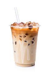 Iced cappuccino drink cup white background.