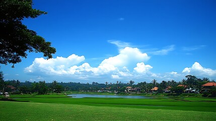 Tranquil Green Golf Course Landscape Under a Bright Blue Sky with Soft White Clouds Serene View