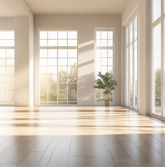 Fototapeta premium empty, spacious living room with large windows allowing soft natural light to fill the space. The room features neutral-colored walls and wooden floors, with no furniture or decorations,open layout. 