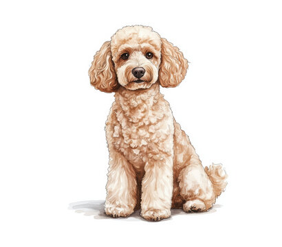 Cute fluffy dog with curly fur sitting on a white background looking directly at the viewer