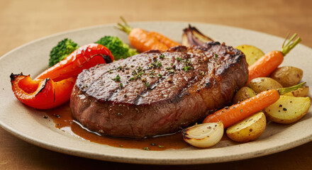 A mouthwatering steak served with roasted carrots, peppers, potatoes and broccoli on a plate.