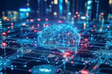 The image shows a glowing, digital brain made up of interconnected lines and nodes, set against a dark background of illuminated city buildings and circuits, symbolizing artificial intelligence.