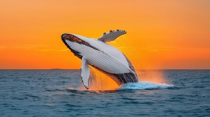 Fototapeta premium Majestic Humpback Whale Breaching Against Stunning Sunset Horizon