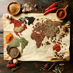 Exploring the globe through culinary spices on a rustic wooden backdrop full of flavor and artistry. Generative AI