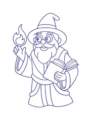 Fantasy Wizard Casting a Spell in a Mystical Library – Magical Adult Coloring Page on White Background