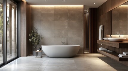 Modern Bathroom Design With Freestanding Tub And Wood Accents