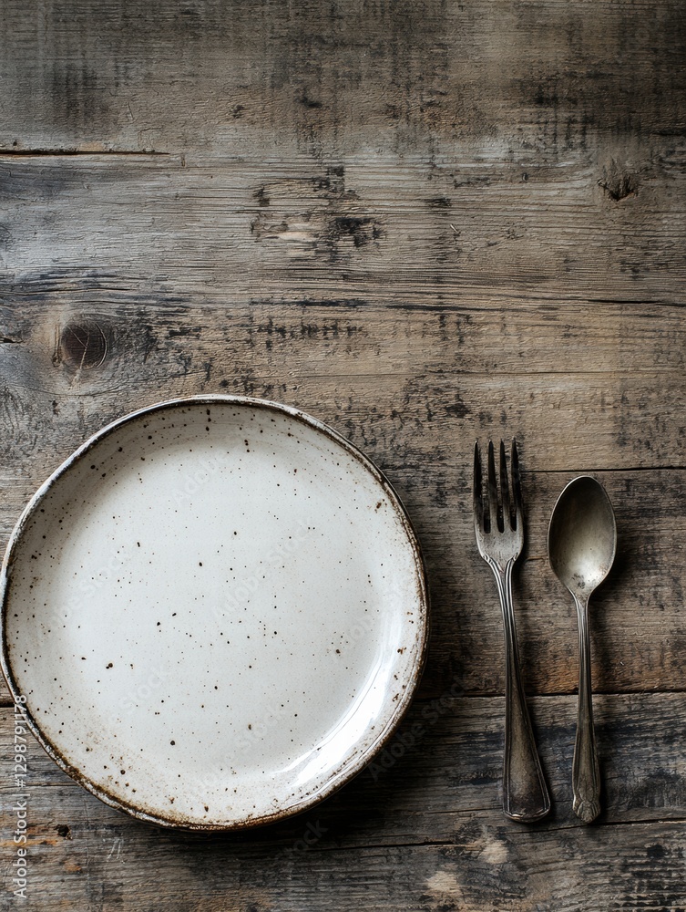 Aufkleber empty plate and cutlery arranged on weathered wooden table in a rustic dining setting during dayligh