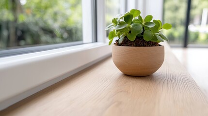 Fototapeta premium Plant in Wooden Pot on Windowsill