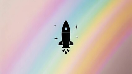 Rocket icon soars amidst dreamy pastel rainbow background, creating a whimsical atmosphere.