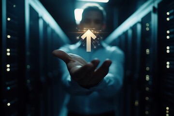 Person holding upward arrow holographic projection in server room, symbolizing data upload, growth, or progress.